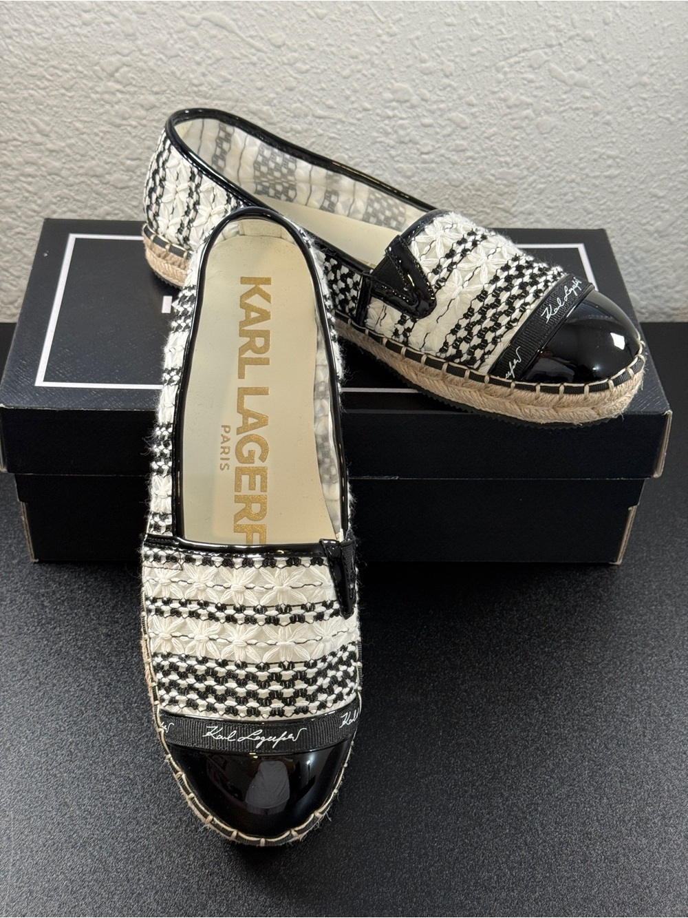Karl Lagerfeld Black & White Tweed Espadrille Mules